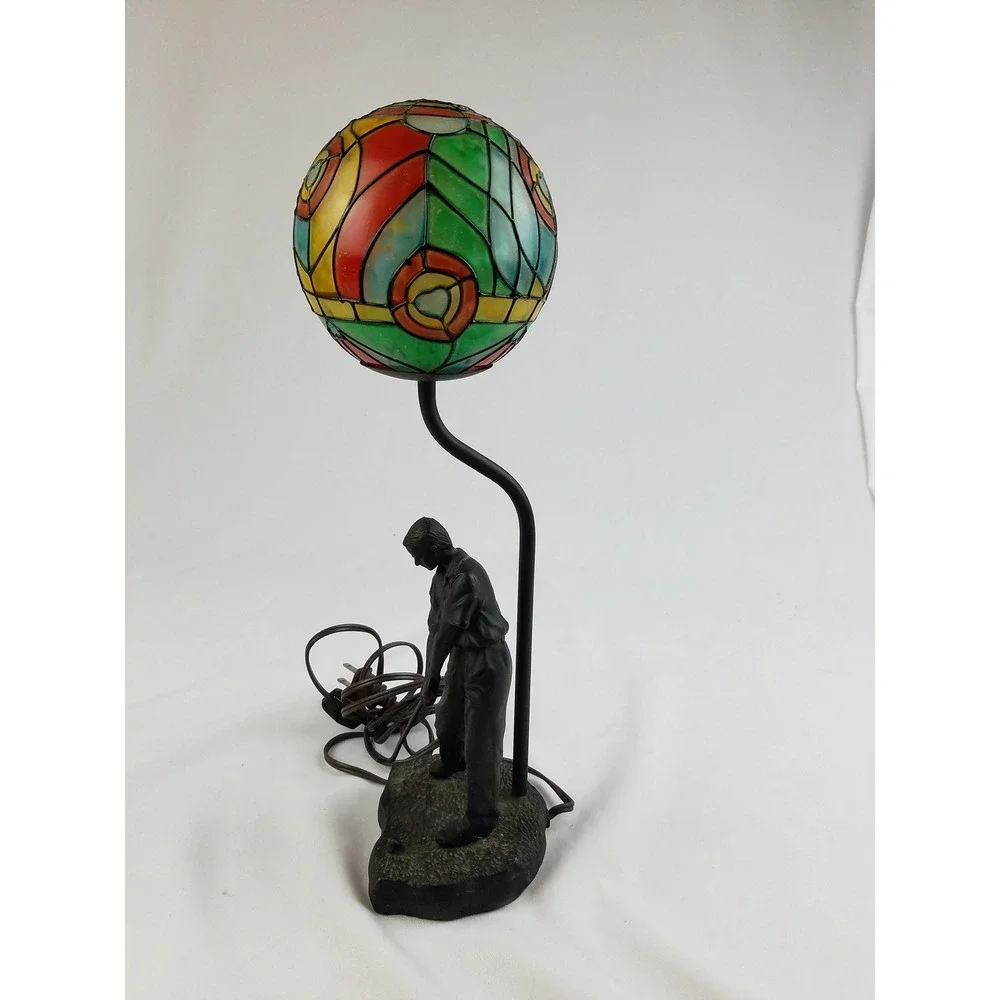 Vintage solid bronze man playing golf table lamp glass globe home decor light
